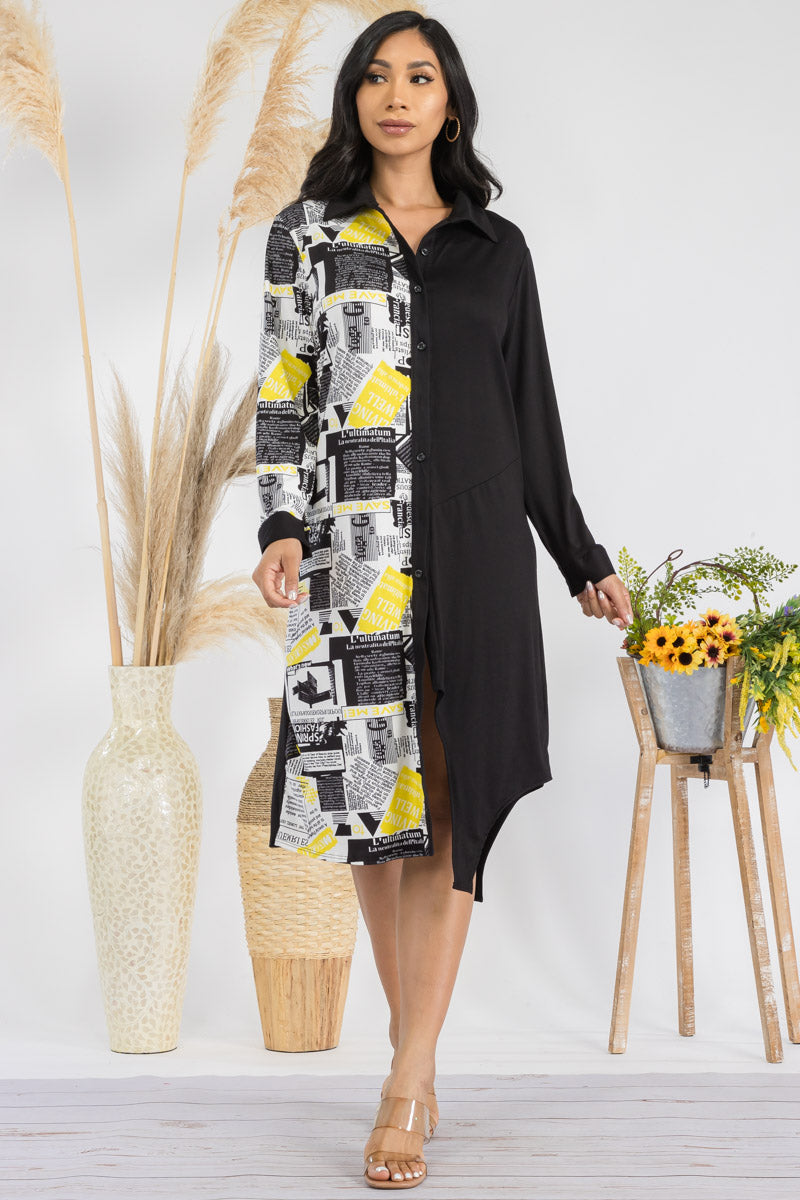 HH704R1-NEWSPRINT - COLOR BLOCK NEWSPRINT MIDI DRESS