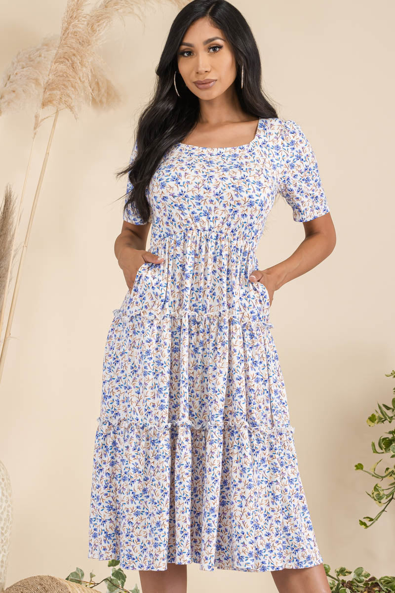 JR778X-DITSY - Short Sleeve Three Tiered Dress