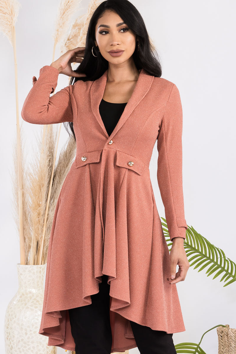 HH744R-GLITTER - CREPE KNIT CHAIN BUTTON HI-LO CARDIGAN