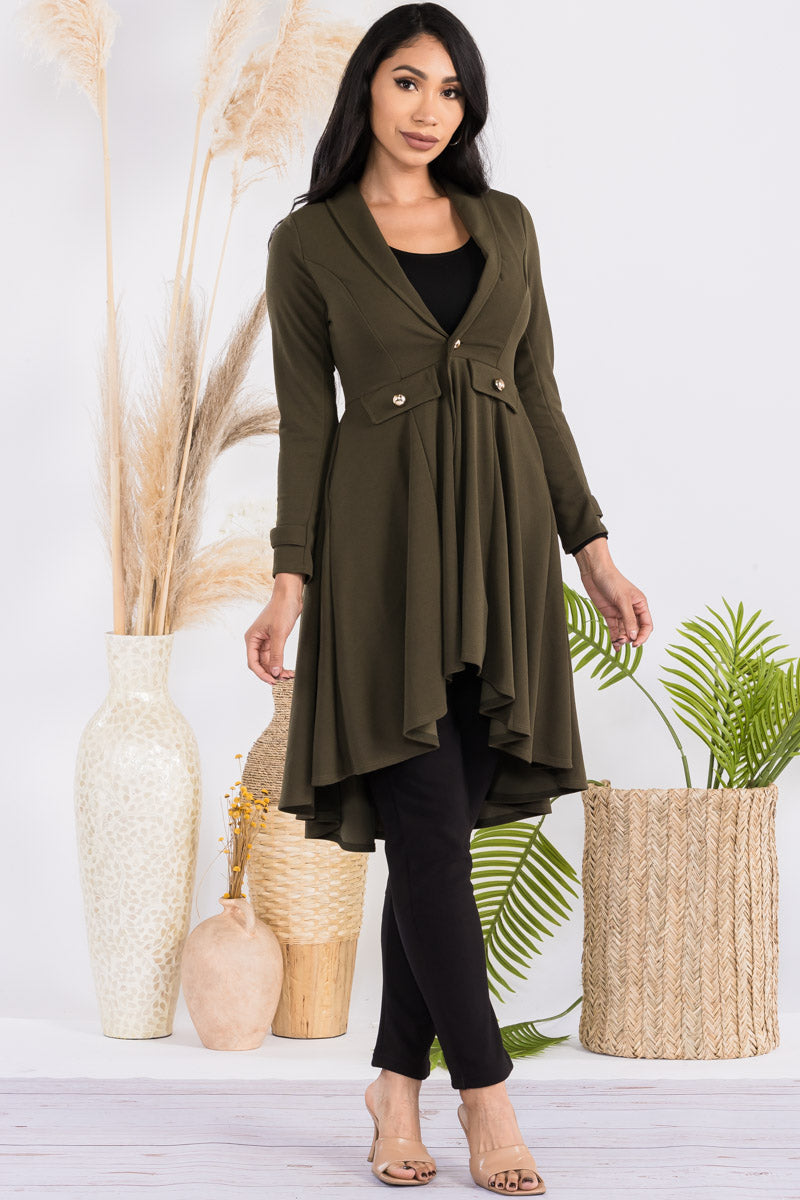 HH744R-SOLID - CREPE KNIT CHAIN BUTTON HI-LO CARDIGAN
