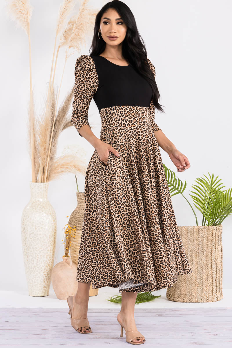 HH712X-PATTERN - 3/4 PUFF SLEEVE COLOR BLOCK MIDI DRESS