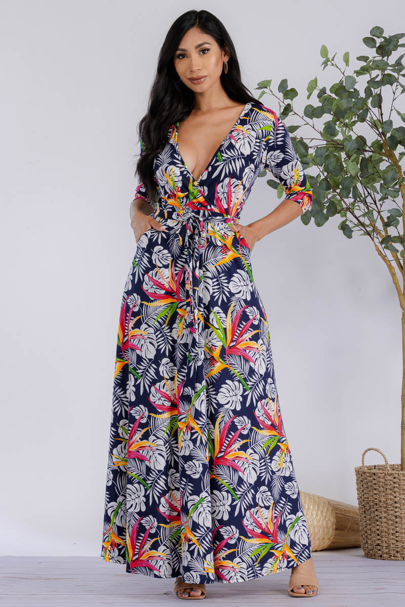 HH517R-PALM-1 - 3/4 SLEEVE MAXI DRESS