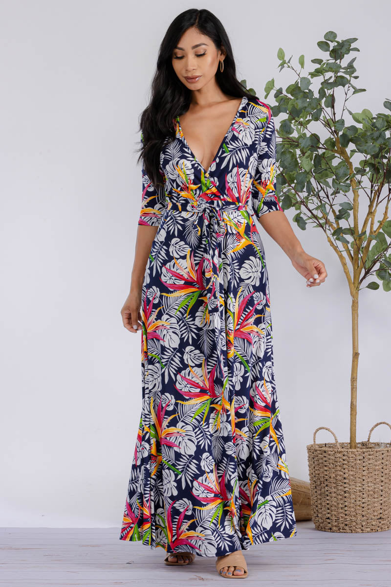 HH517R-PALM-1 - 3/4 SLEEVE MAXI DRESS