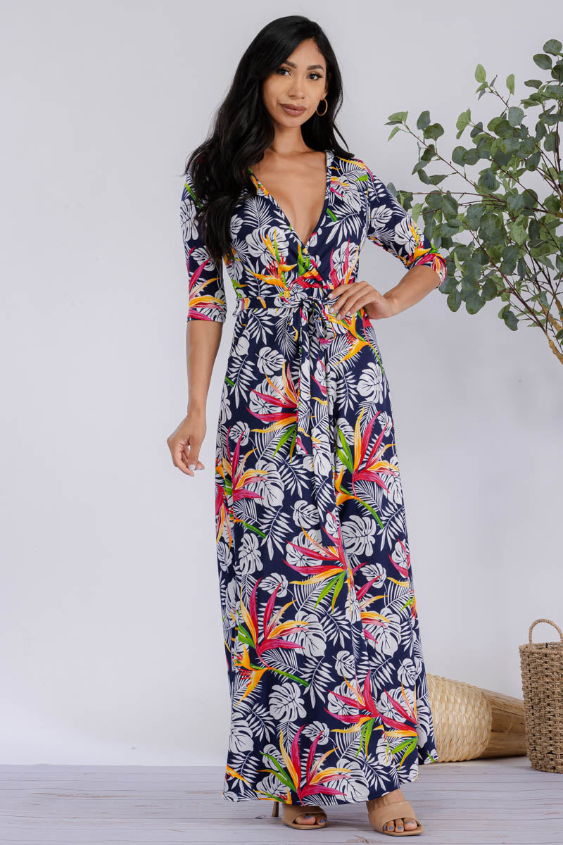 HH517R-PALM-1 - 3/4 SLEEVE MAXI DRESS