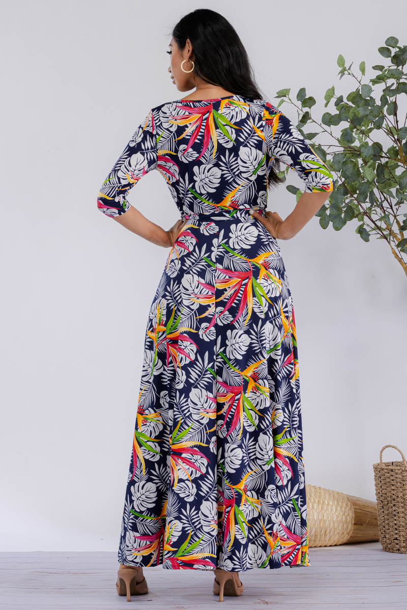 HH517R-PALM-1 - 3/4 SLEEVE MAXI DRESS