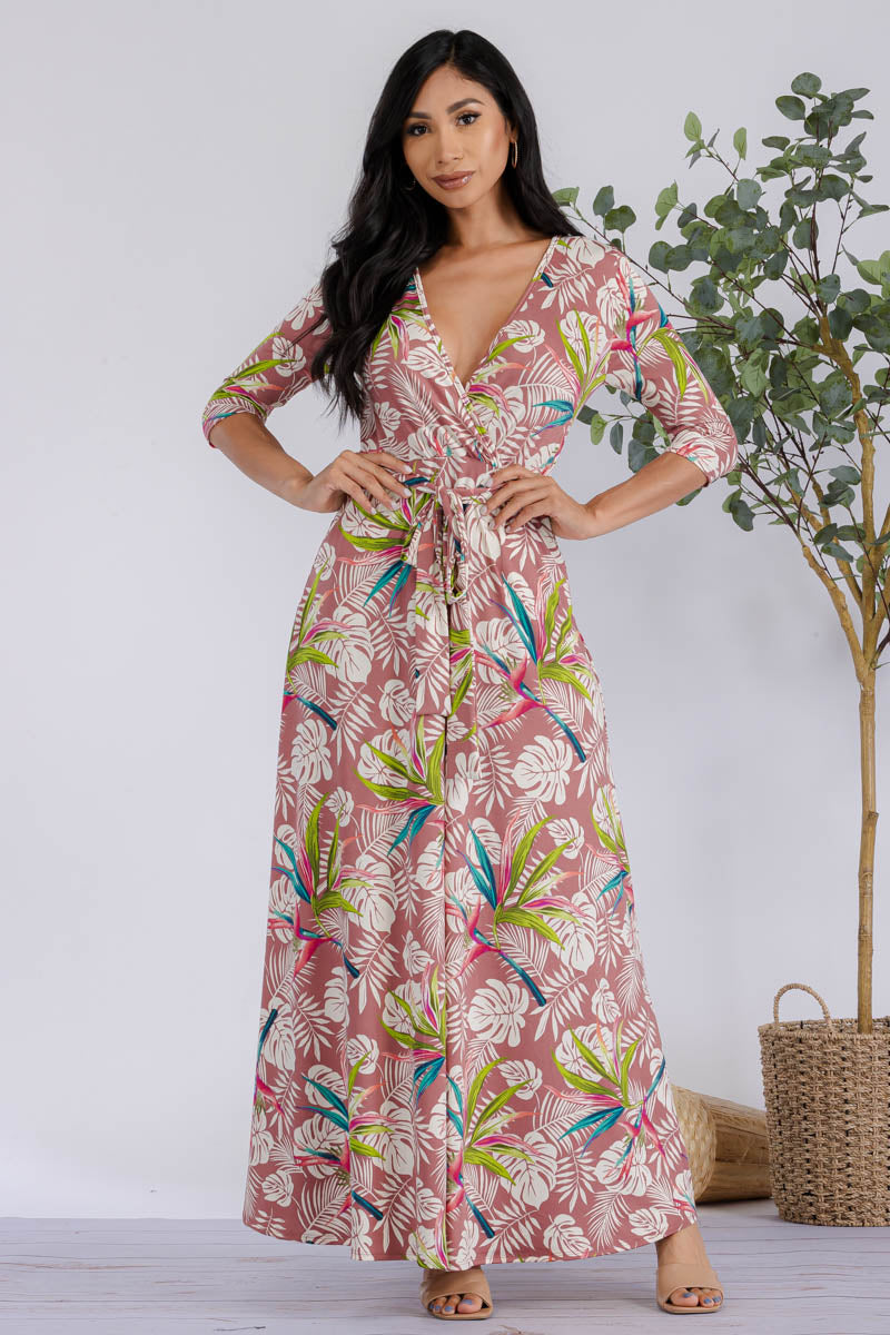 HH517R-PALM-1 - 3/4 SLEEVE MAXI DRESS