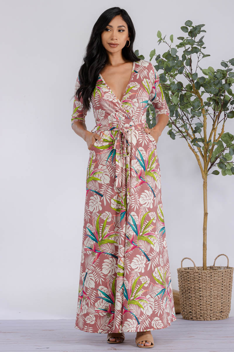 HH517R-PALM-1 - 3/4 SLEEVE MAXI DRESS