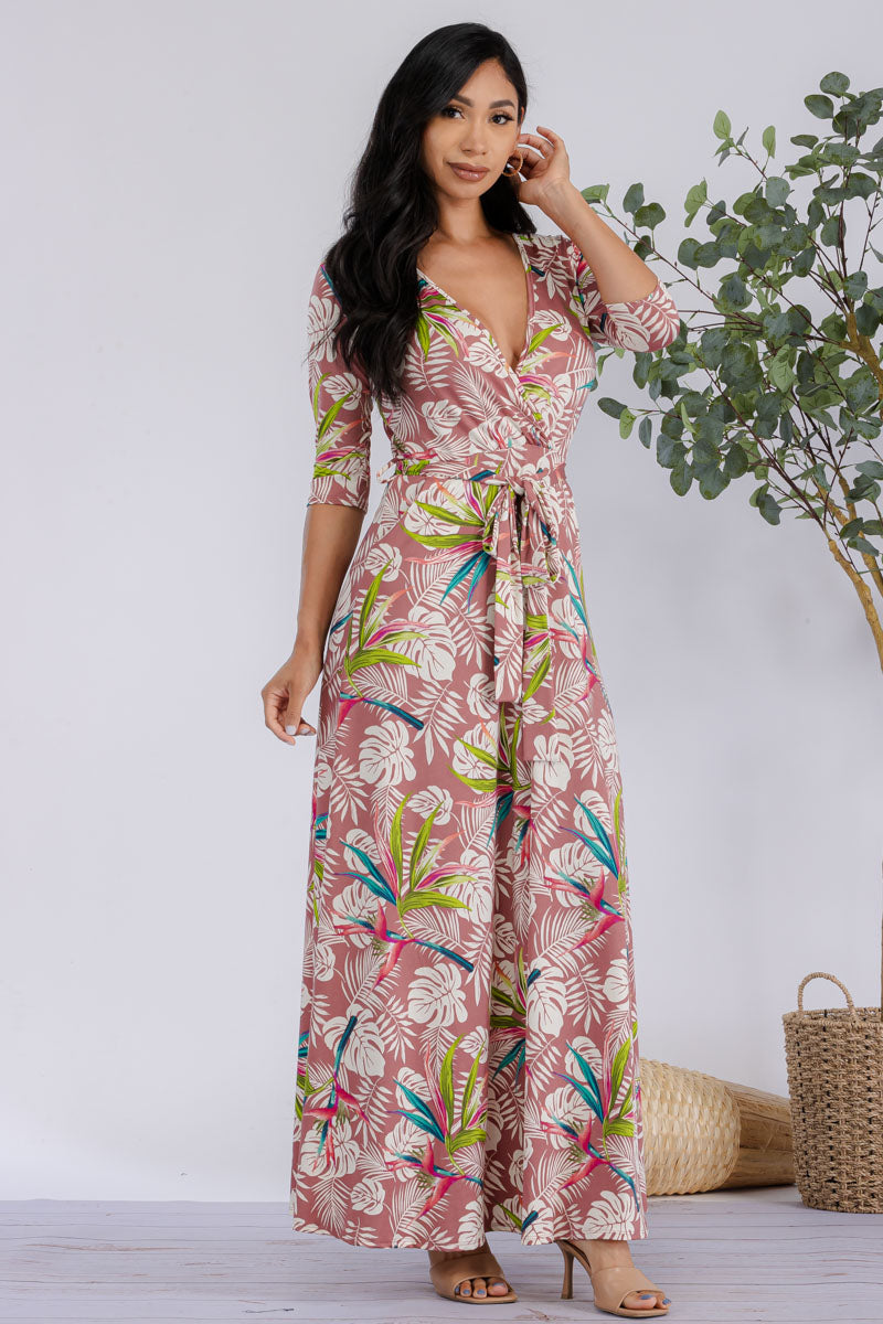 HH517R-PALM-1 - 3/4 SLEEVE MAXI DRESS