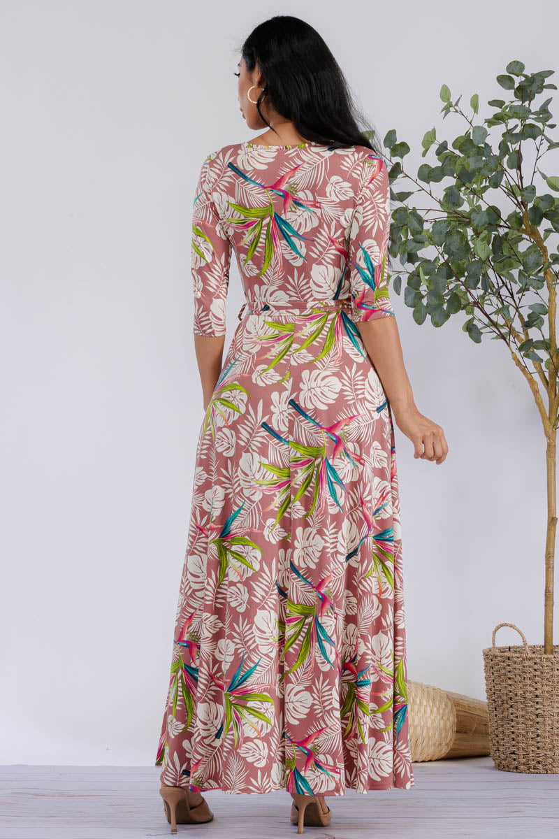 HH517R-PALM-1 - 3/4 SLEEVE MAXI DRESS