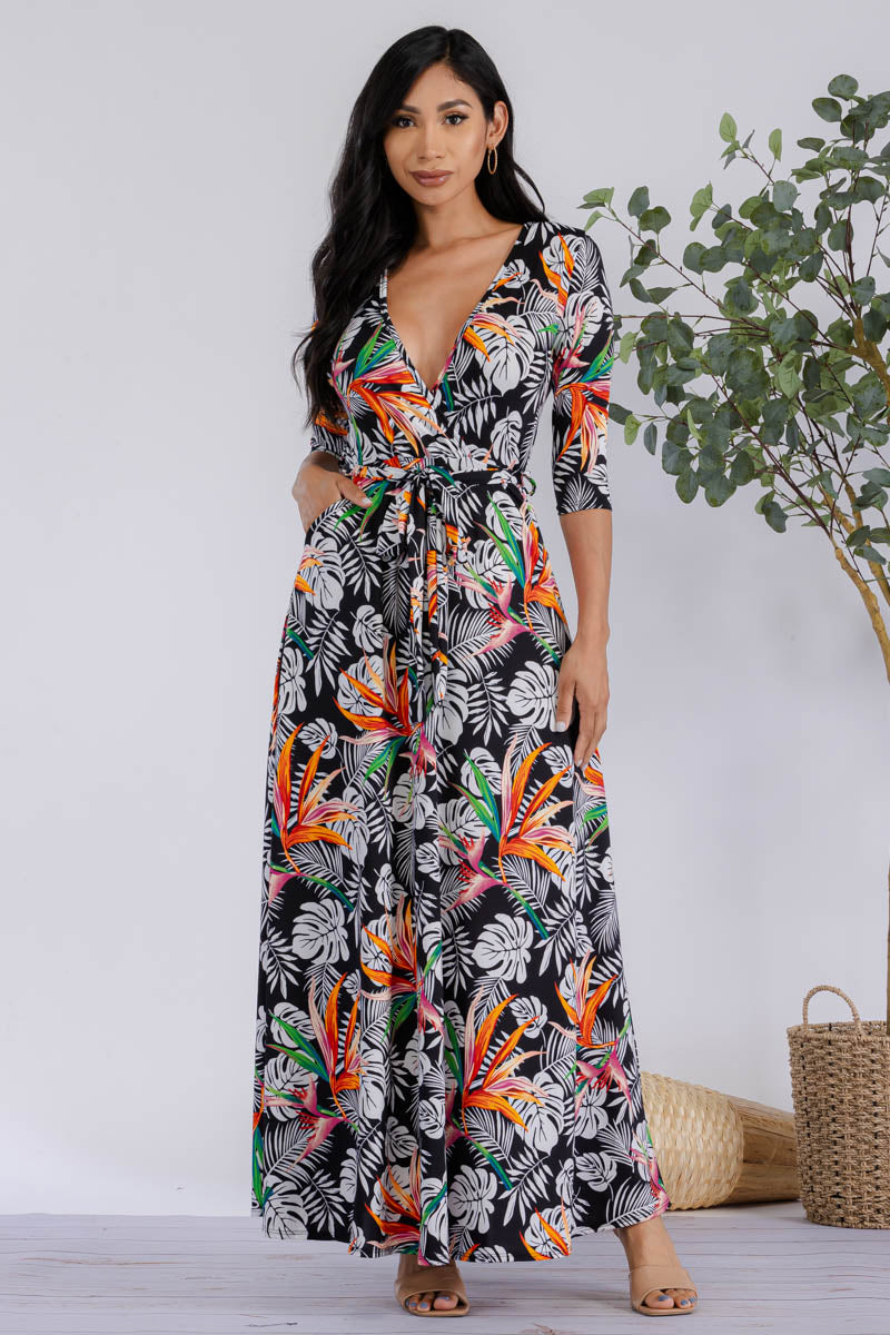 HH517R-PALM-1 - 3/4 SLEEVE MAXI DRESS