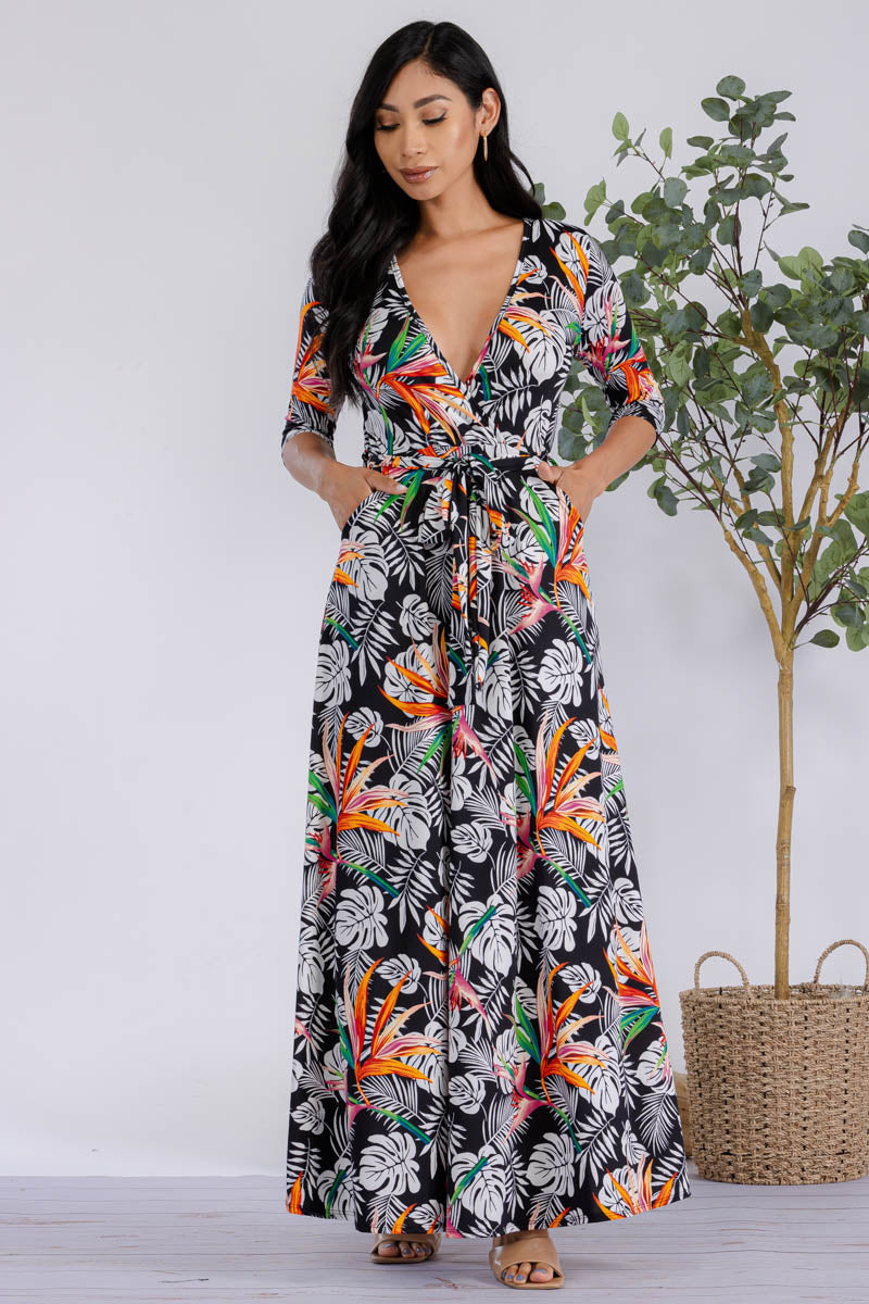 HH517R-PALM-1 - 3/4 SLEEVE MAXI DRESS
