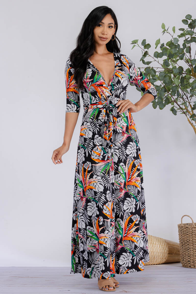 HH517R-PALM-1 - 3/4 SLEEVE MAXI DRESS