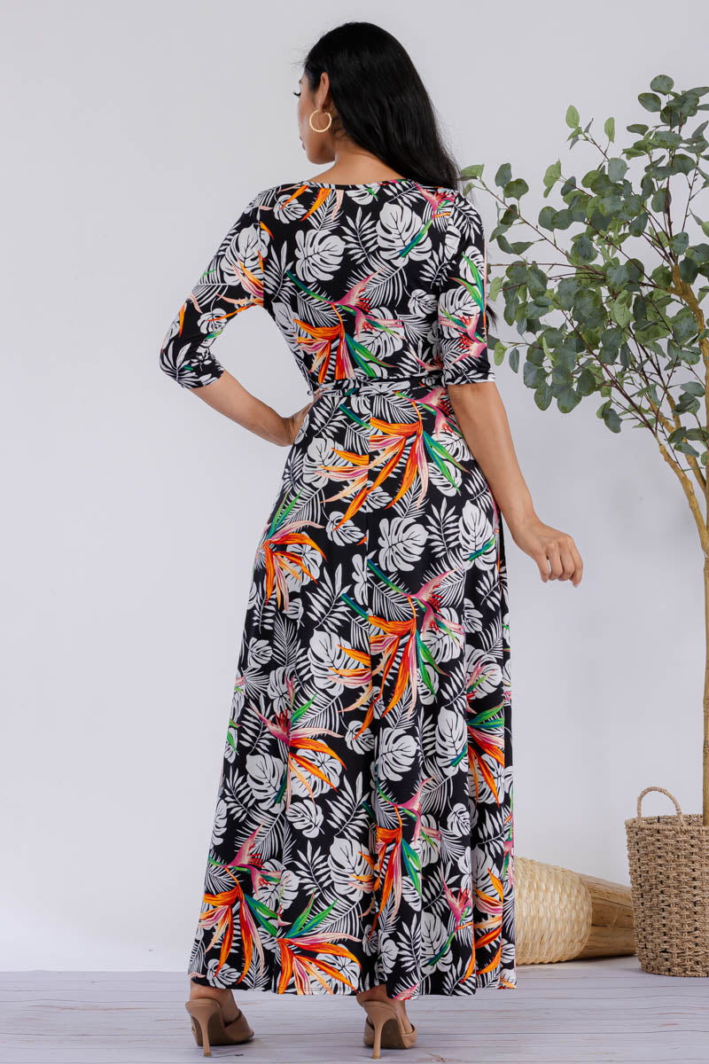HH517R-PALM-1 - 3/4 SLEEVE MAXI DRESS