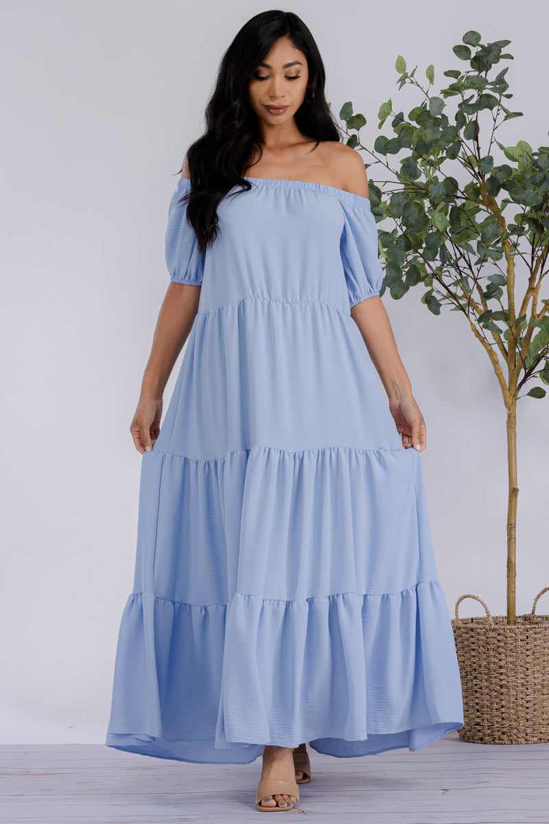 HH722R-SL - OFF SHOULDER TIERED MAXI DRESS