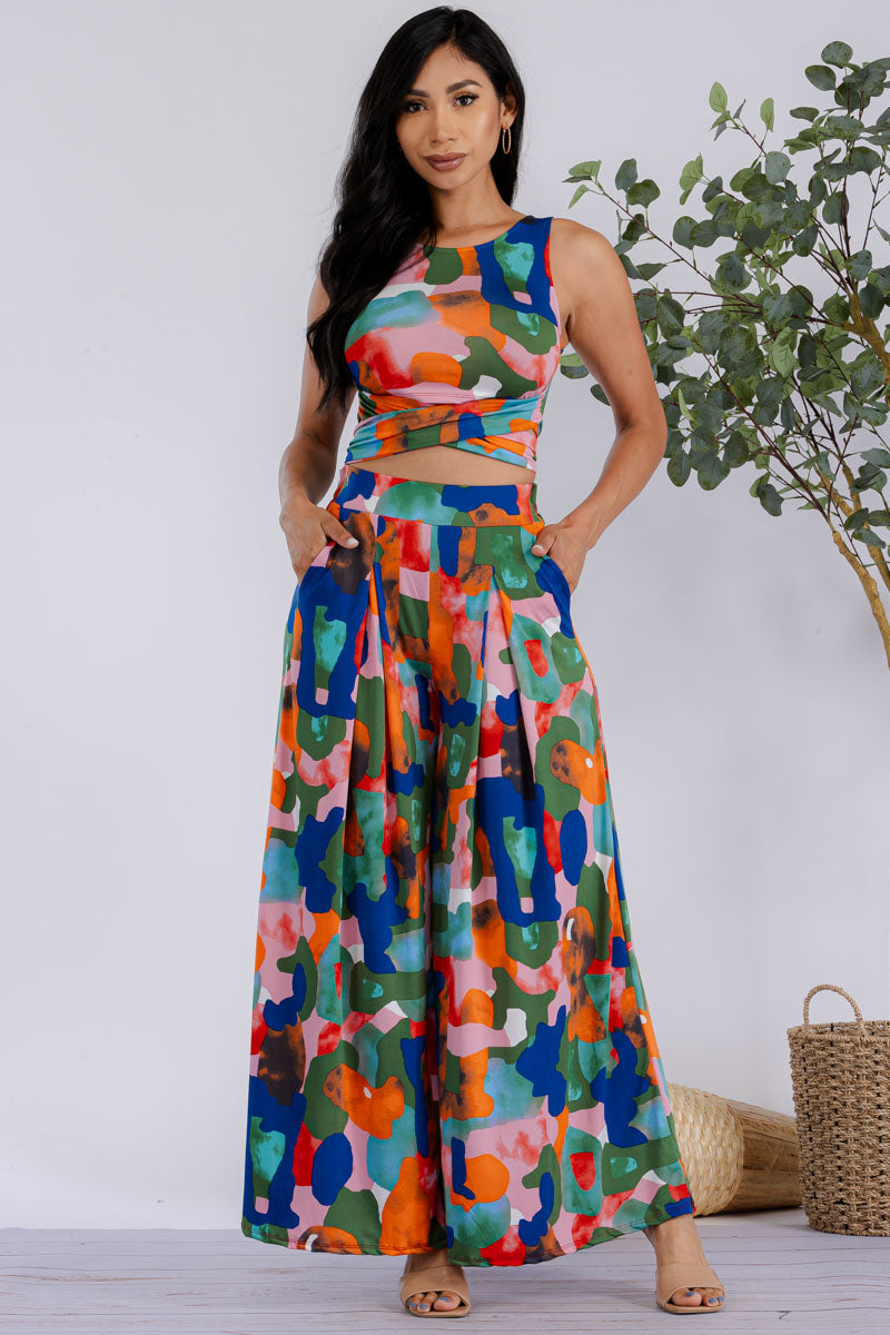HH688R-MULTICOLOR - 2PC CROPPED TOP AND PANT SET