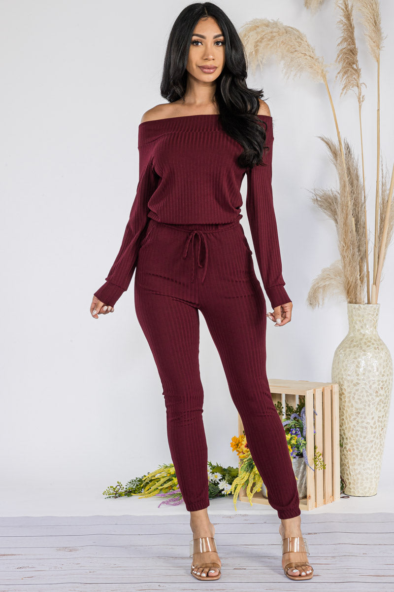 HH620R-SOLID - OFF SHOULDER JUMPSUIT