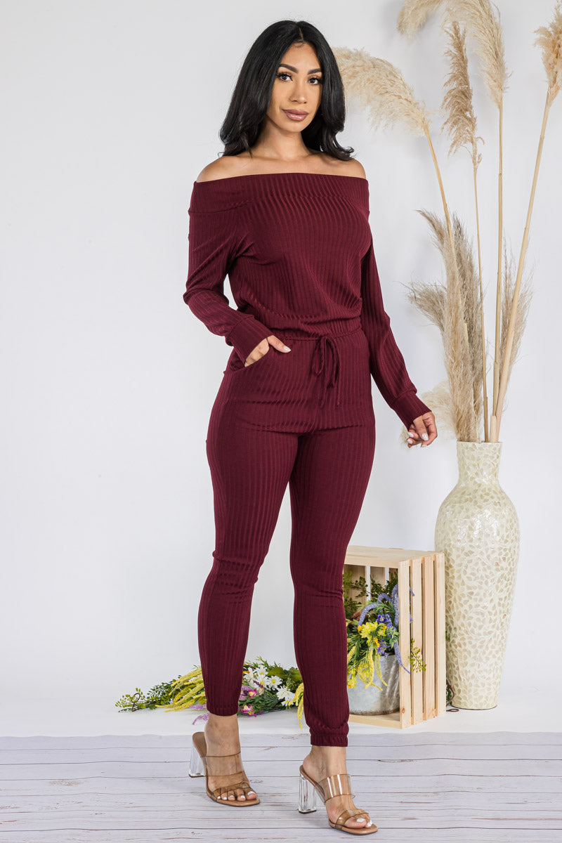 HH620R-SOLID - OFF SHOULDER JUMPSUIT