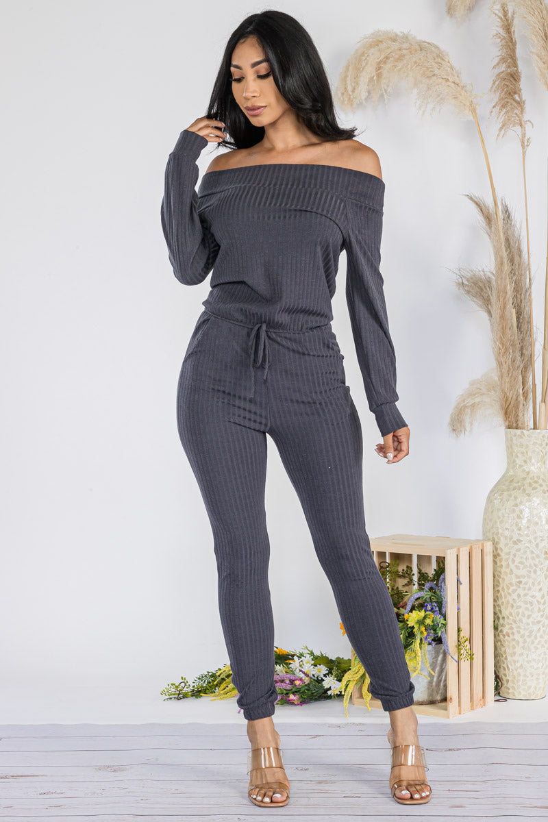 HH620R-SOLID - OFF SHOULDER JUMPSUIT