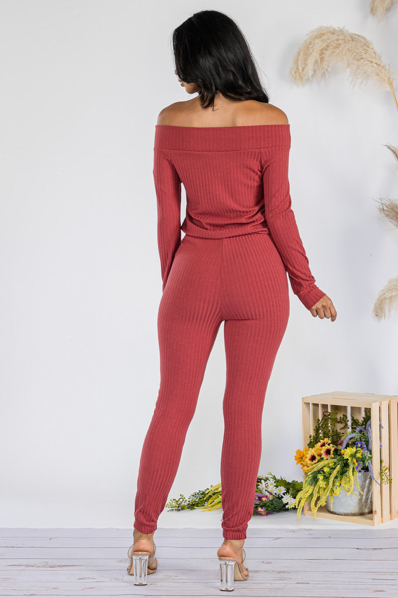 HH620R-SOLID - OFF SHOULDER JUMPSUIT