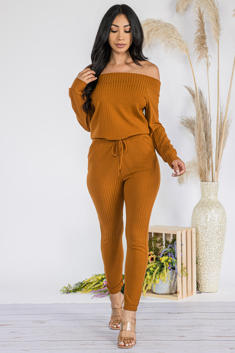 HH620R-SOLID - OFF SHOULDER JUMPSUIT