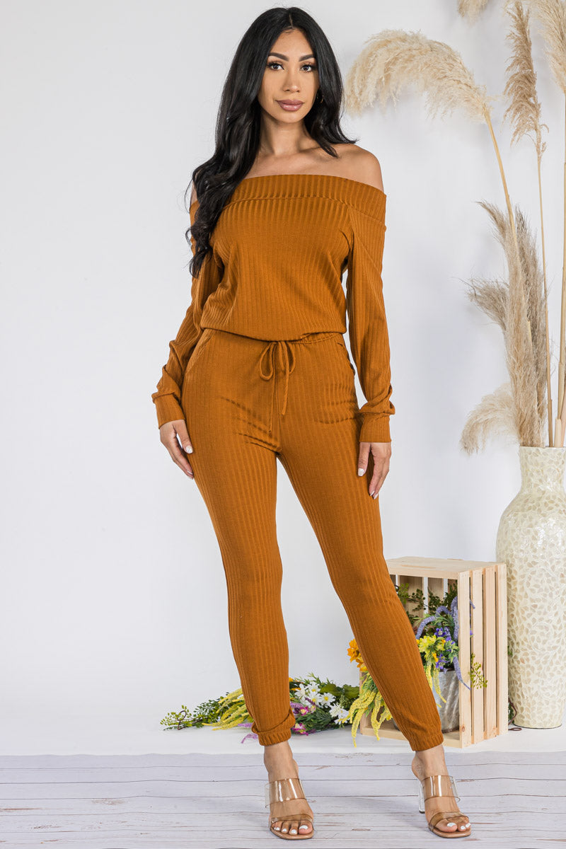 HH620R-SOLID - OFF SHOULDER JUMPSUIT