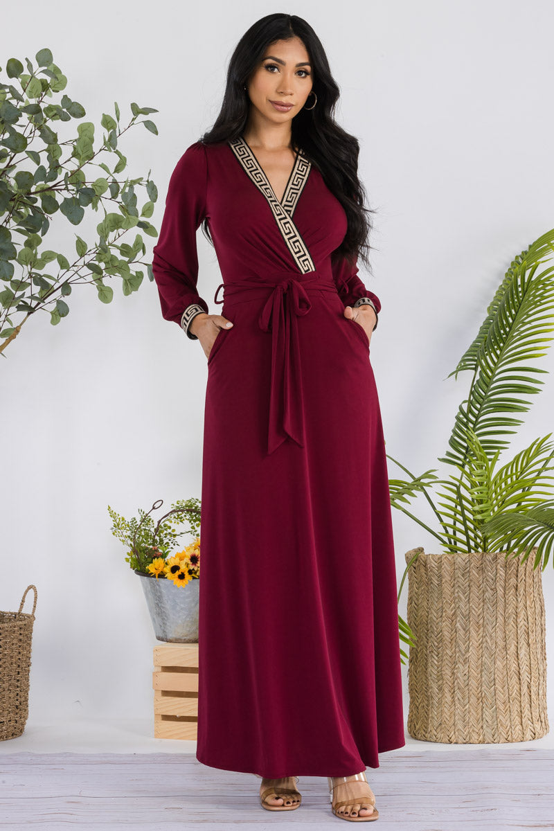 HH747R-SOLID - GEOMETRIC DETAIL MAXI WRAP DRESS