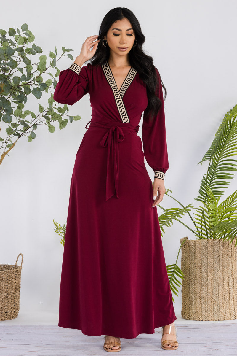 HH747R-SOLID - GEOMETRIC DETAIL MAXI WRAP DRESS