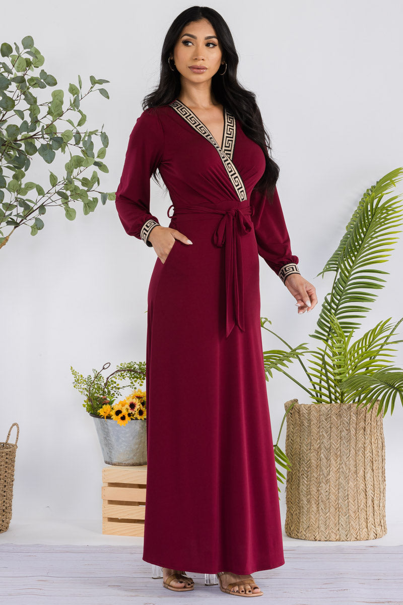 HH747R-SOLID - GEOMETRIC DETAIL MAXI WRAP DRESS