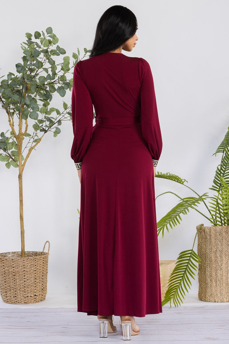 HH747R-SOLID - GEOMETRIC DETAIL MAXI WRAP DRESS