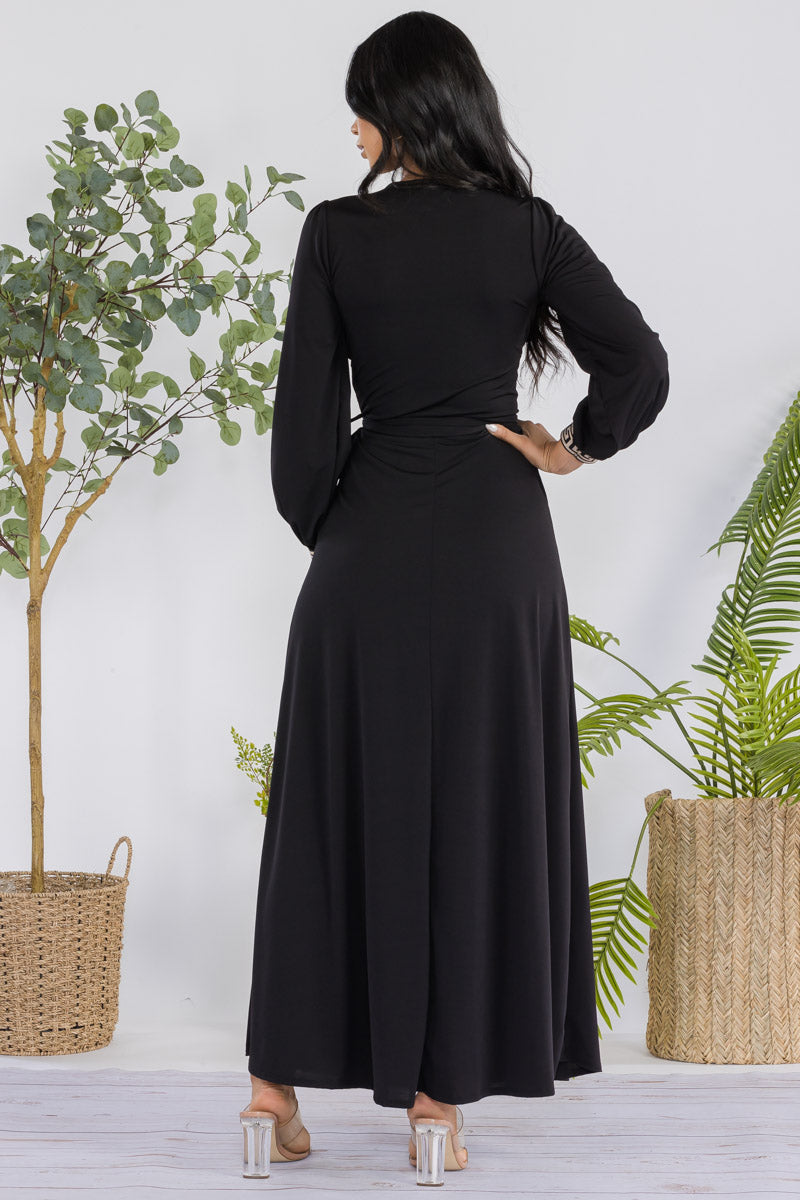 HH747R-SOLID - GEOMETRIC DETAIL MAXI WRAP DRESS