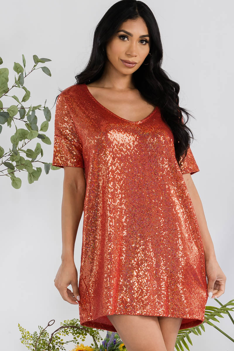 D6861 - METALLIC SHORT SLEEVE MINI SHIFT DRESS