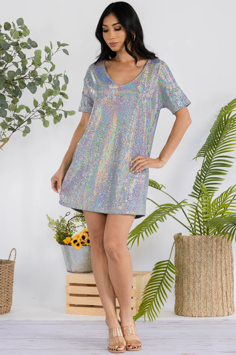 D6861 - METALLIC SHORT SLEEVE MINI SHIFT DRESS