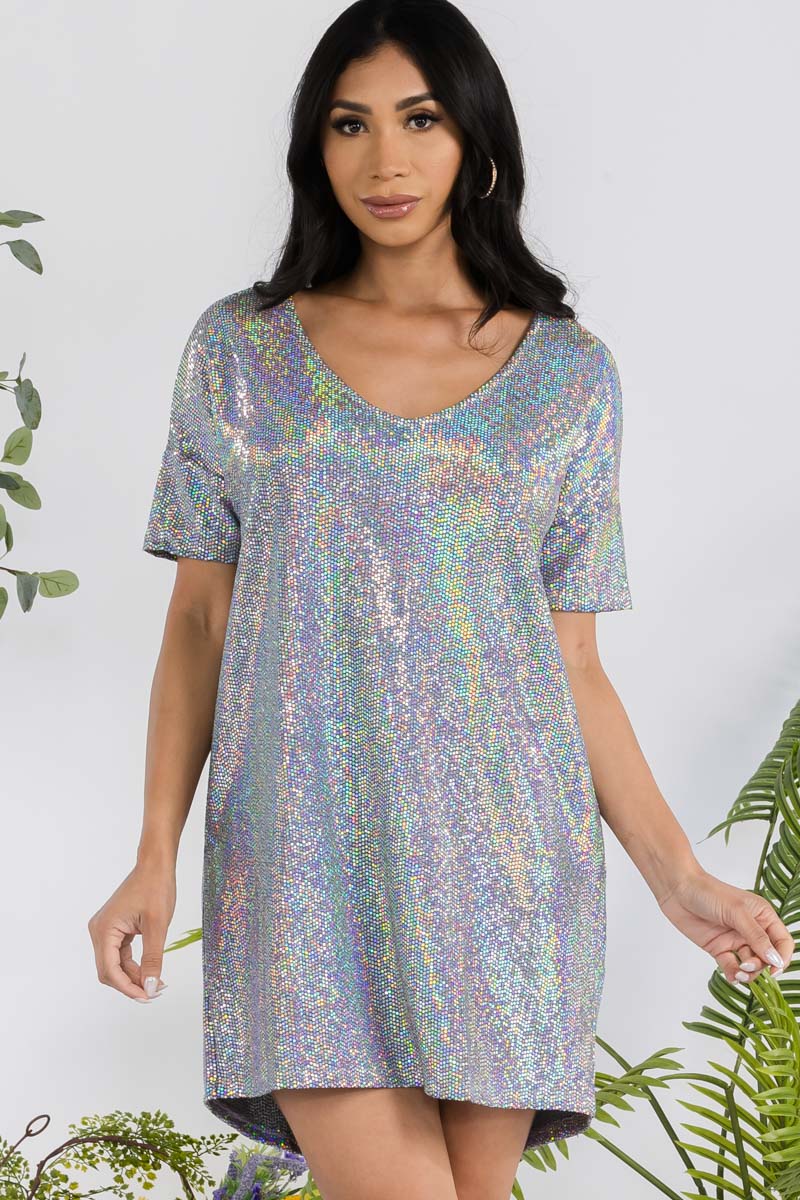 D6861 - METALLIC SHORT SLEEVE MINI SHIFT DRESS