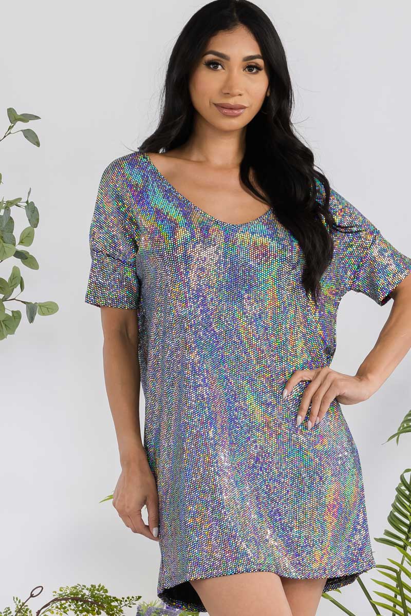 D6861 - METALLIC SHORT SLEEVE MINI SHIFT DRESS