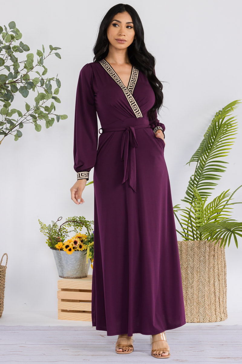 HH747R-SOLID - GEOMETRIC DETAIL MAXI WRAP DRESS