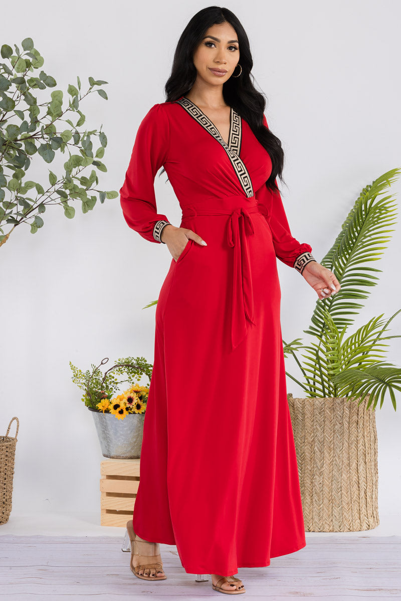 HH747R-SOLID - GEOMETRIC DETAIL MAXI WRAP DRESS