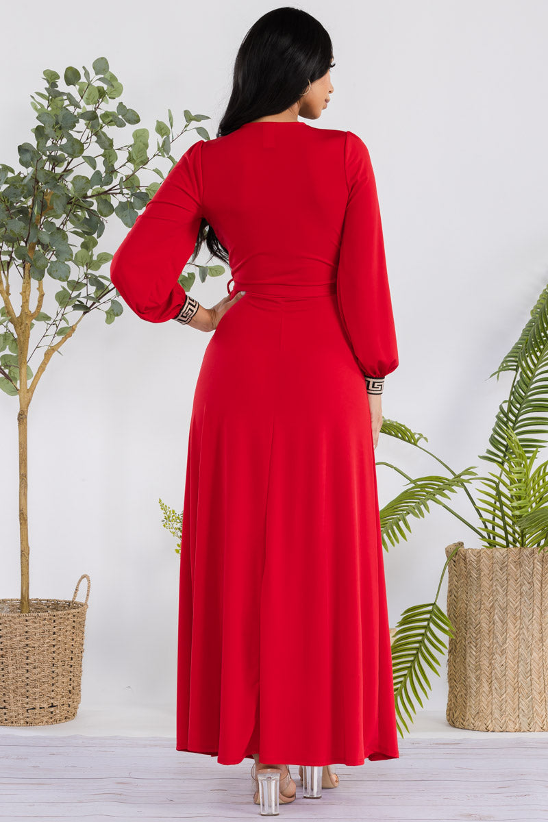 HH747R-SOLID - GEOMETRIC DETAIL MAXI WRAP DRESS