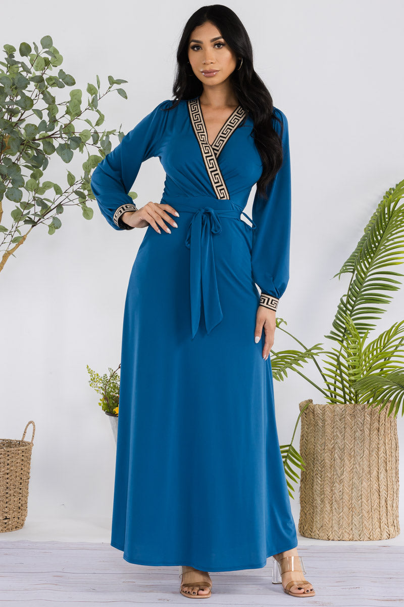 HH747R-SOLID - GEOMETRIC DETAIL MAXI WRAP DRESS