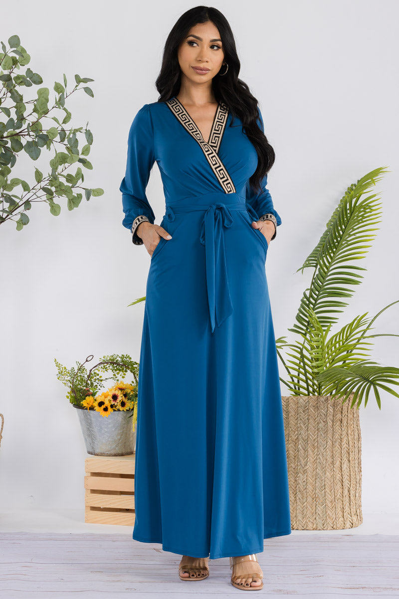HH747R-SOLID - GEOMETRIC DETAIL MAXI WRAP DRESS