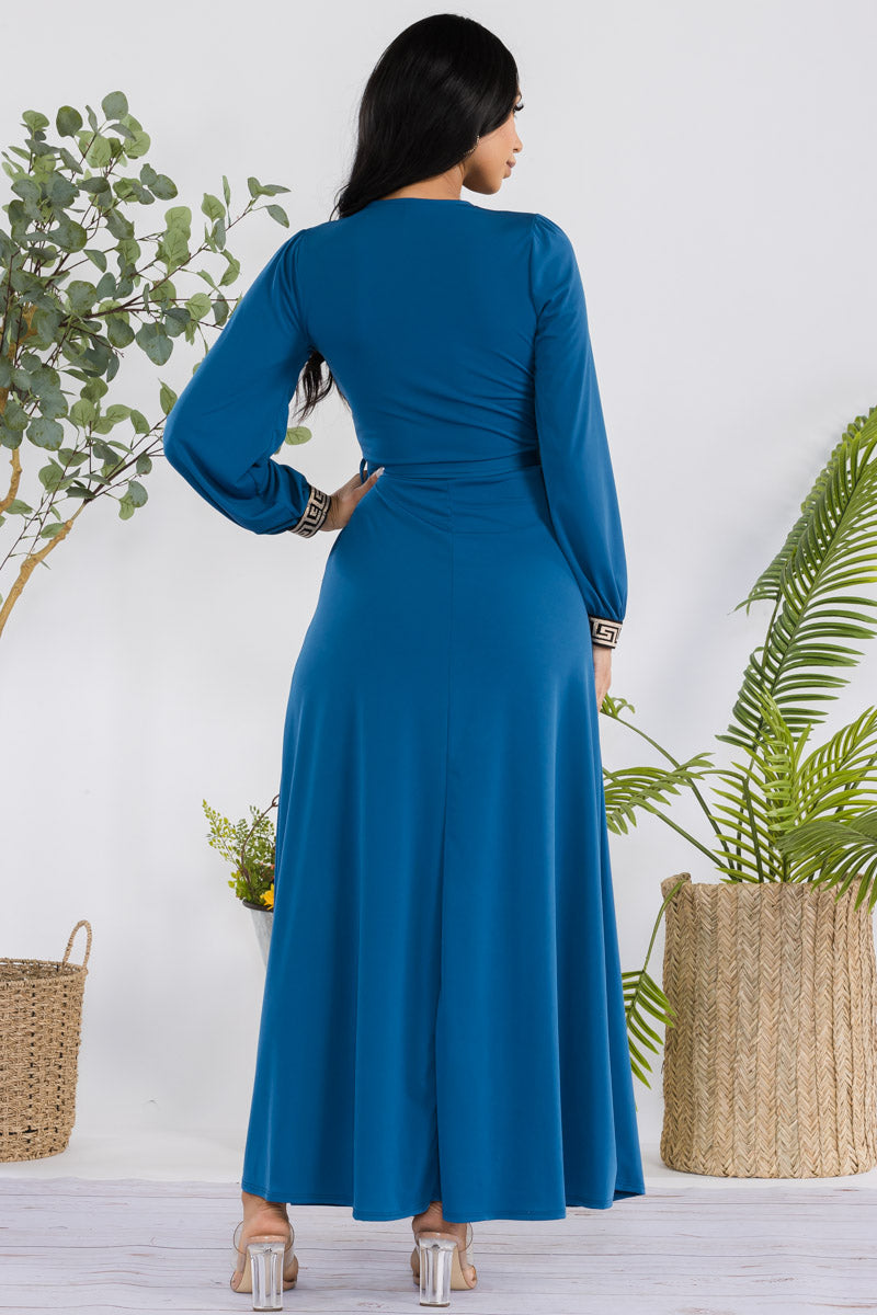 HH747R-SOLID - GEOMETRIC DETAIL MAXI WRAP DRESS