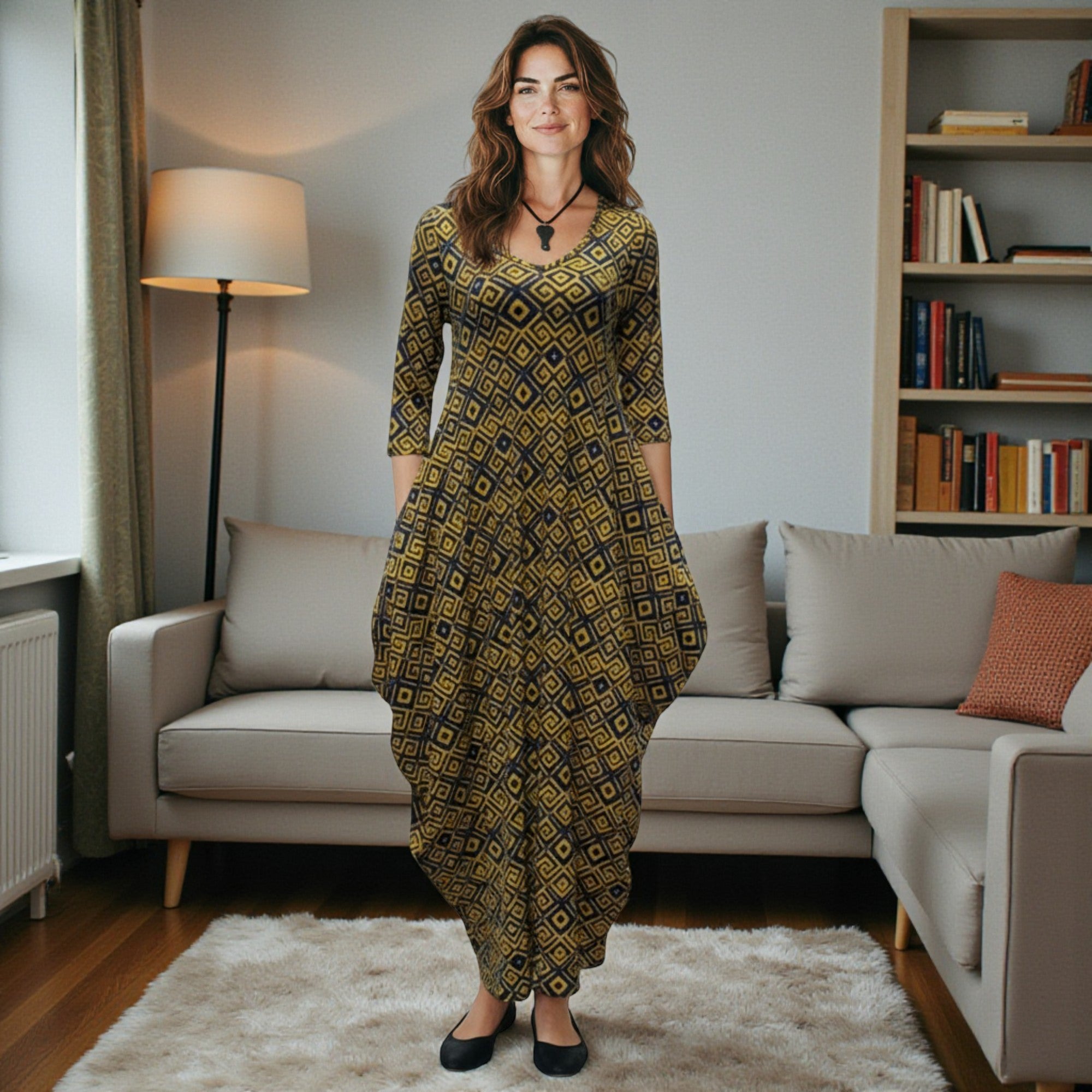 HH645R-P2 Printed Relaxed Fit Draped Maxi Dress with Pockets