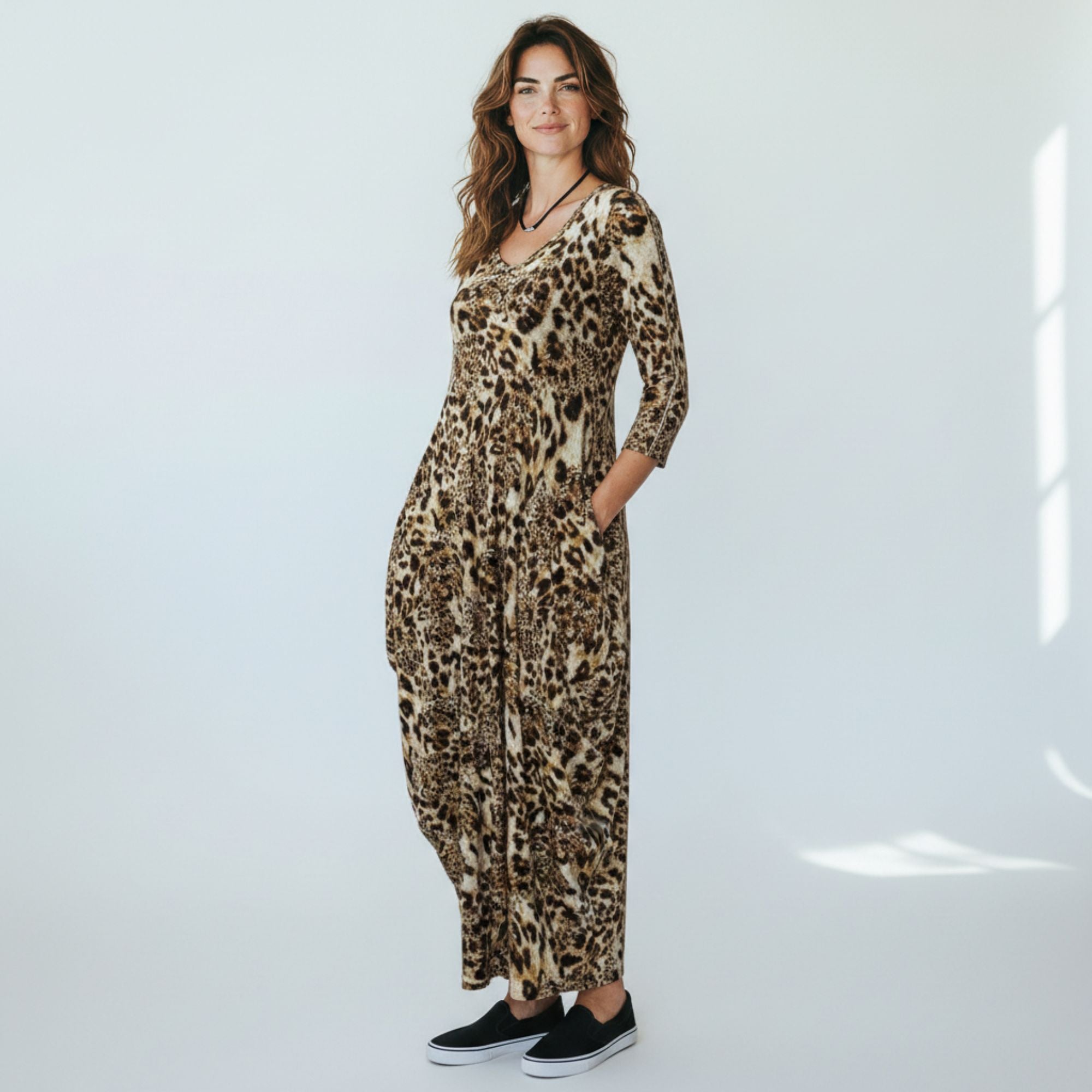 HH645R-P1 Printed Relaxed Fit Draped Maxi Dress with Pockets