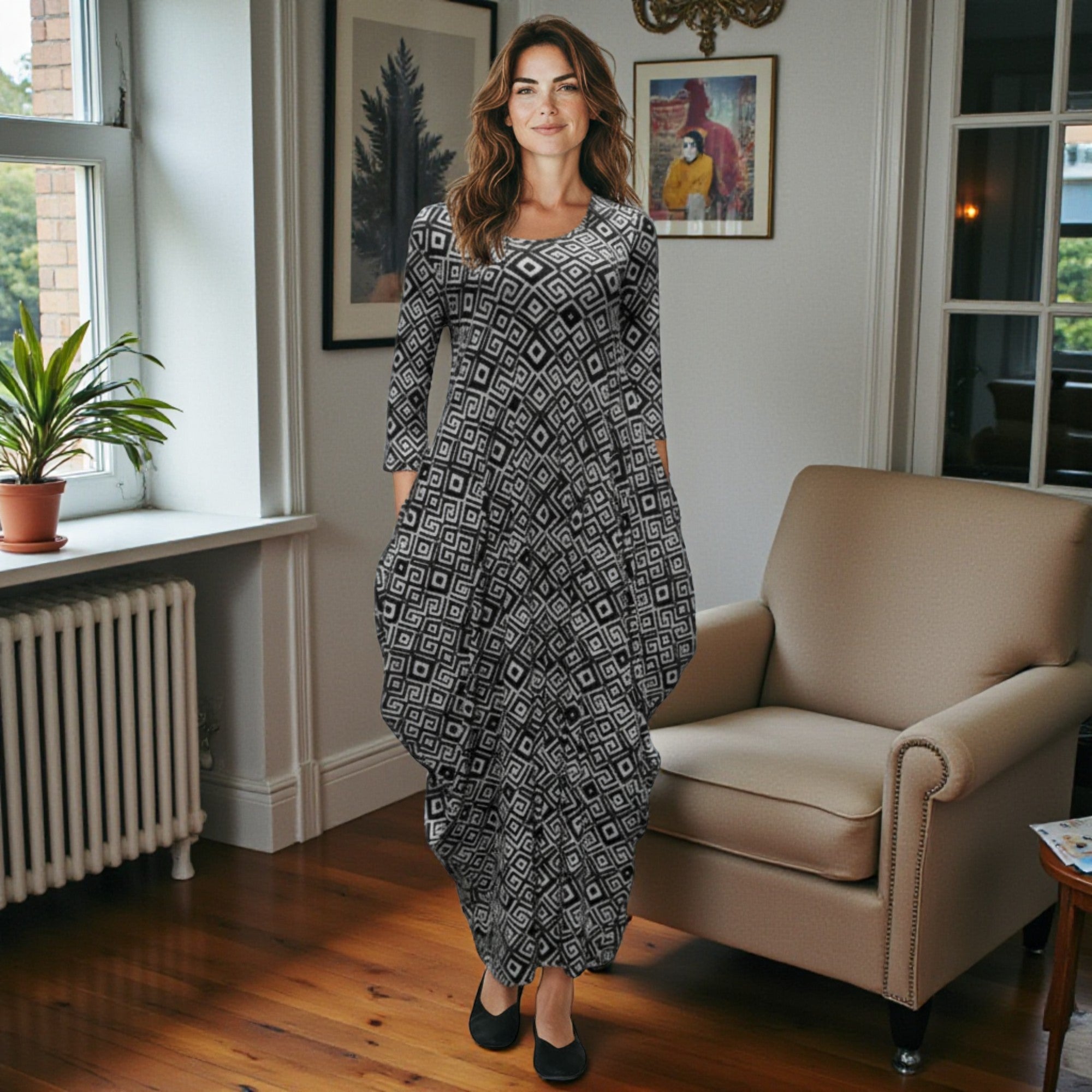 HH645R-P2 Printed Relaxed Fit Draped Maxi Dress with Pockets