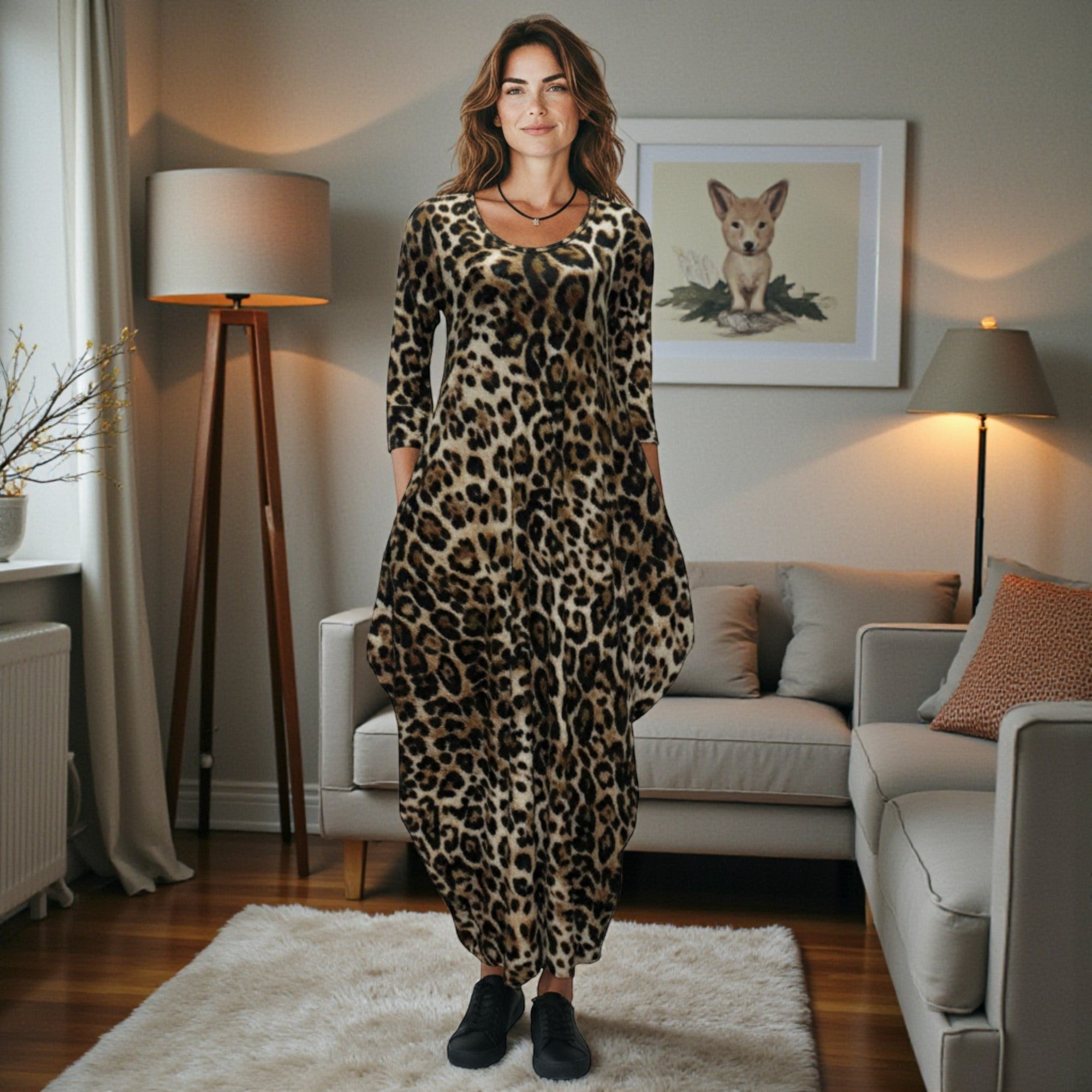 HH645R-P1 Printed Relaxed Fit Draped Maxi Dress with Pockets