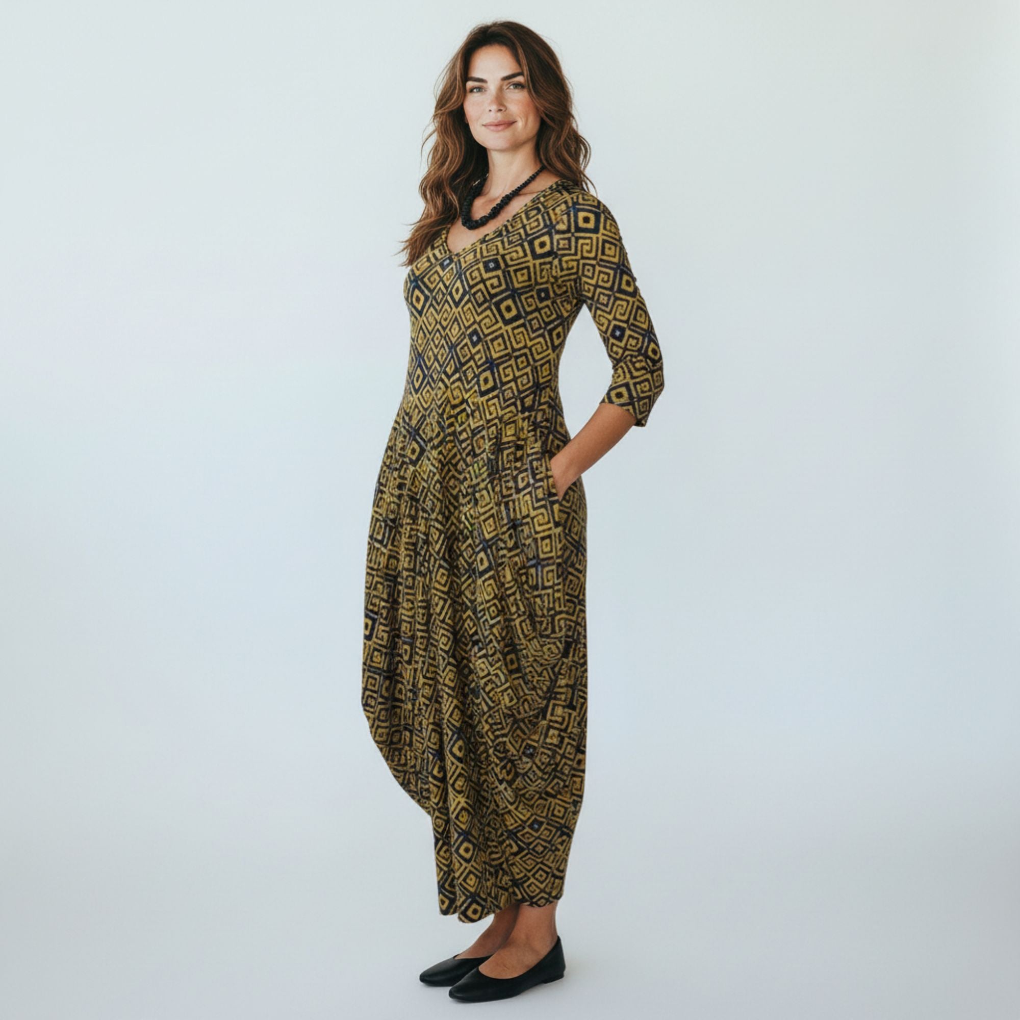 HH645R-P2 Printed Relaxed Fit Draped Maxi Dress with Pockets