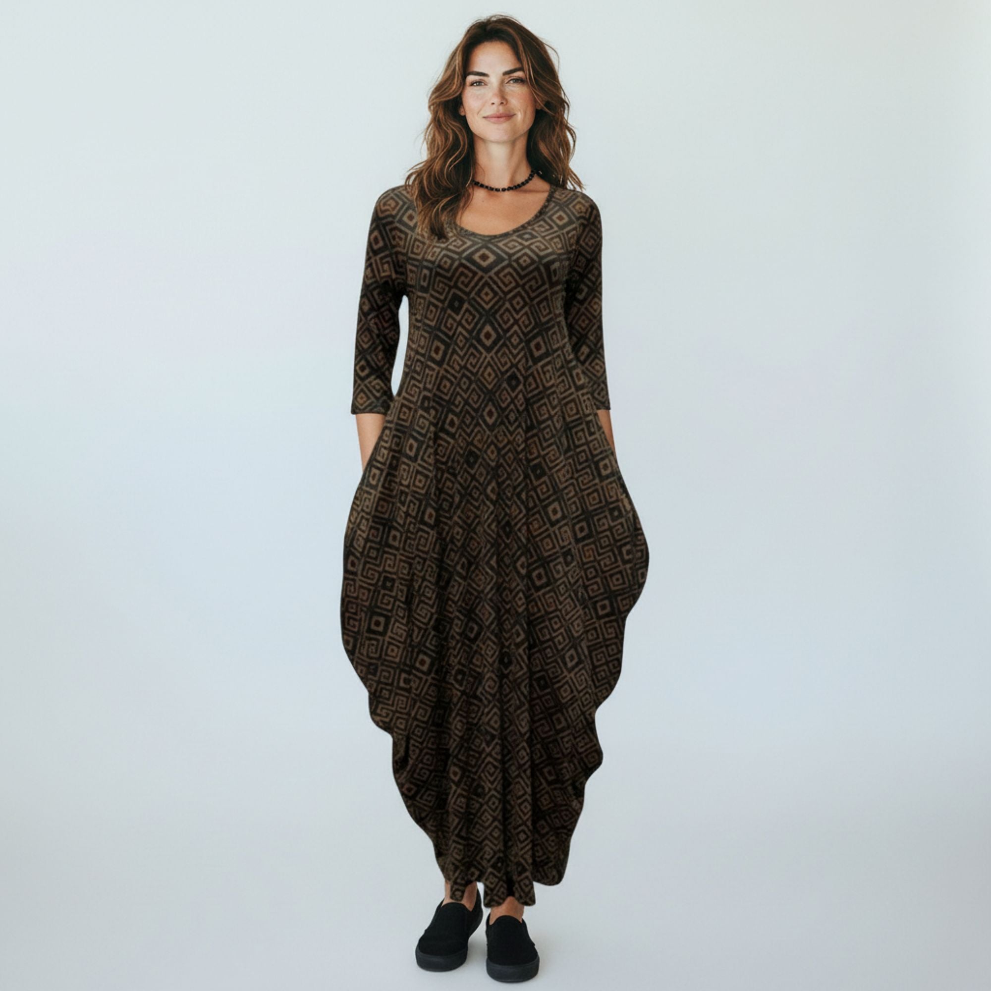 HH645R-P2 Printed Relaxed Fit Draped Maxi Dress with Pockets
