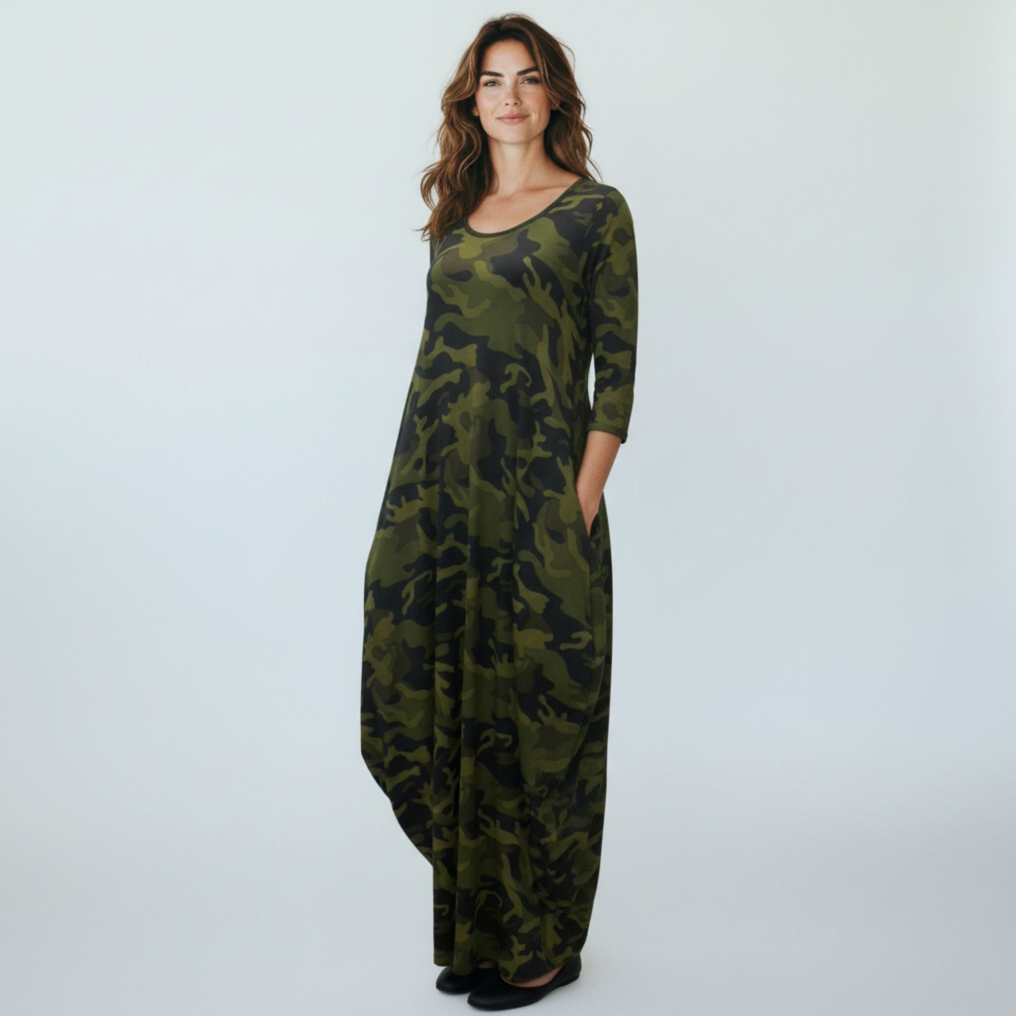 HH645R-P5 Printed Relaxed Fit Draped Maxi Dress with Pockets