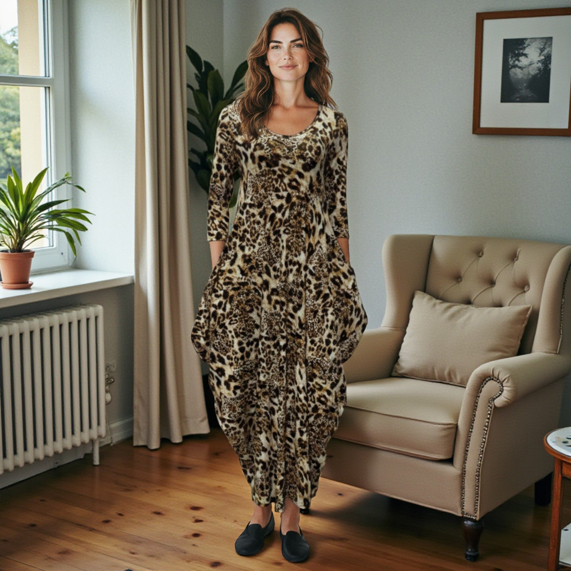 HH645R-P1 Printed Relaxed Fit Draped Maxi Dress with Pockets