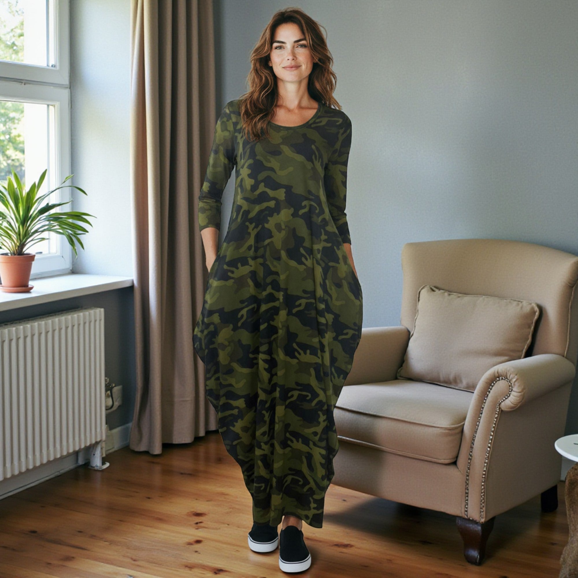 HH645X-P5 Plus Size Printed Relaxed Fit Draped Maxi Dress