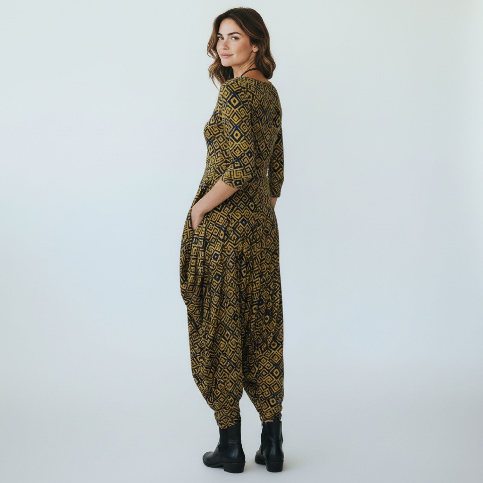 HH645R-P2 Printed Relaxed Fit Draped Maxi Dress with Pockets